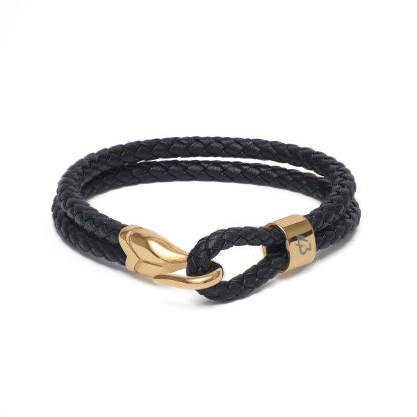 Black and Gold Hook Double Strap leather Bracelet